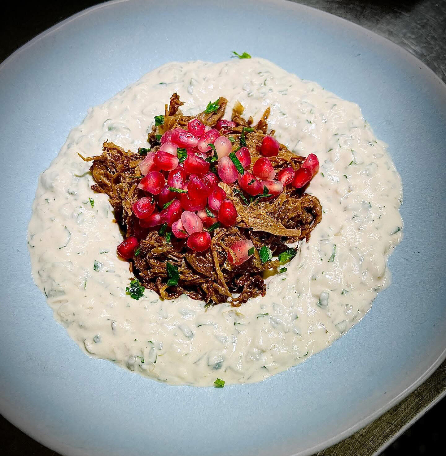 Hummus, meat and pomegranate